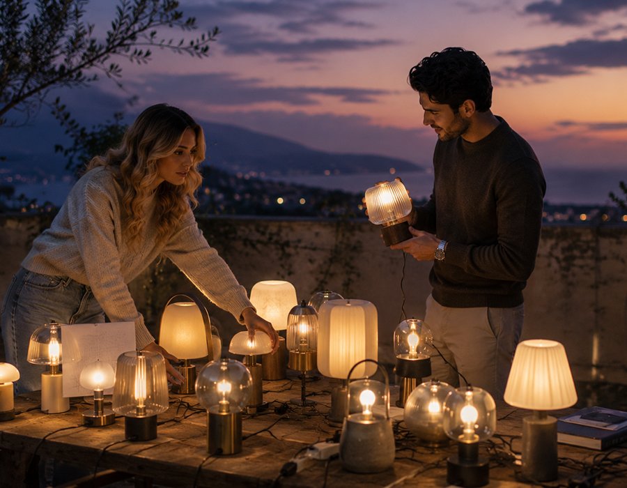 Lamps lit at dusk
