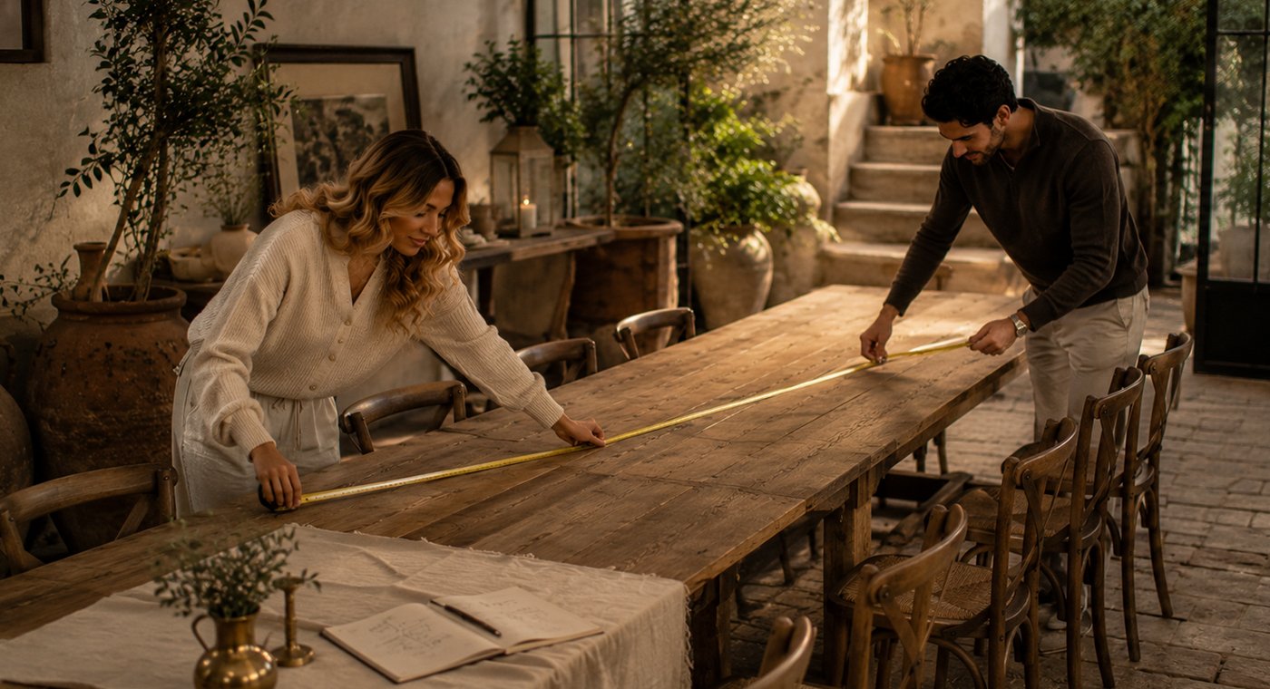 The long table being measured in the glasshouse